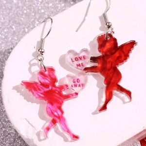 Cupid Cherub Angel Asymmetrical Acrylic Valentine's Day Dangle Drop Earrings New